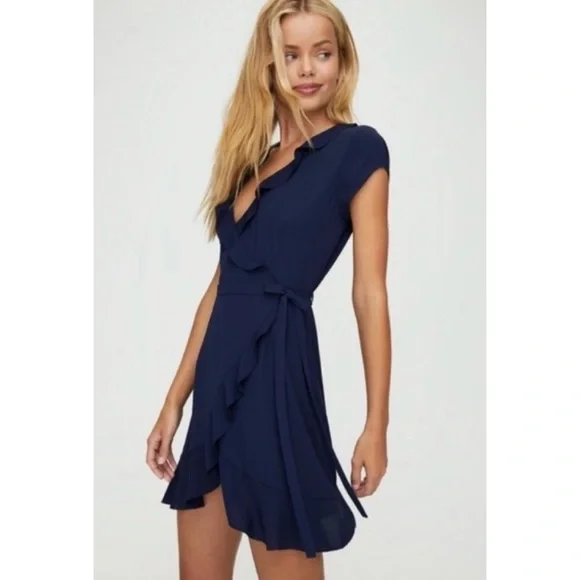 (NWT) SUNDAY BEST • Aritzia Navy Blue Savoy Ruffle Wrap Mini Dress, S - Picture 2 of 16